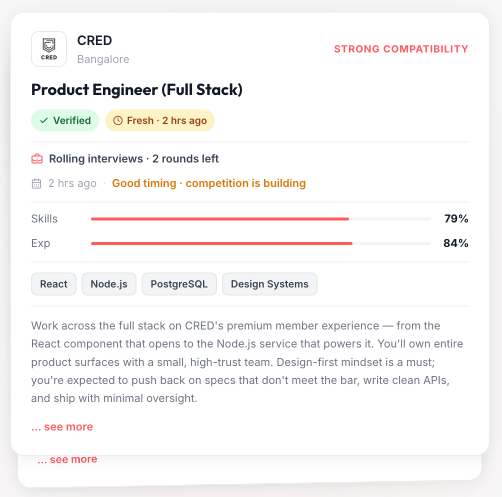 ASAI job card with parsed role, verification badge, and skill fit bars